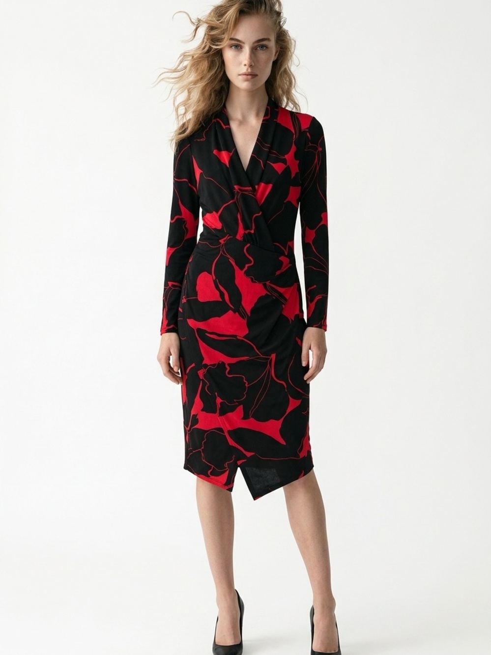 Donna Karan Black and Red Floral Wrap Dress